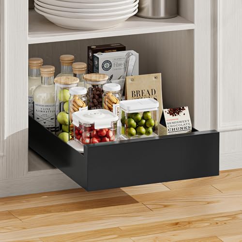 Warmiehomy Pull Out Cabinet Organiser 25cm Width Slide Out Drawer Storage Extendable Sliding Shelves for Kitchen Cupboard, Pantry, Bathroom, Black Sliding Drawer No Need Drill, 25x43x8cm