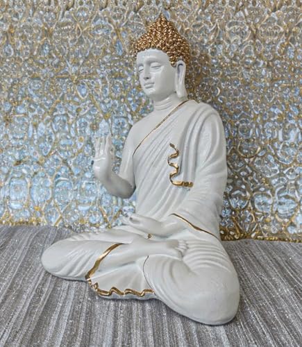 Image of UAG Exports 15 Inch White & Golden Meditating Buddha Statue | Gautam Buddha Figurine, Big Sitting Lord Buddha Idol for Home, Living Room, Office, Table Decor Display & Gifting