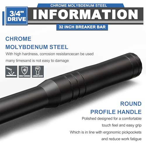 Image of 3 /4 inch Drive 32 Inch Breaker Bar, Heavy Duty Head, Premium Chromium-Molybdenum Steel, Laser Etched Marking, for Loosen Rusted, Stubborn, Stuck Nuts and Bolts