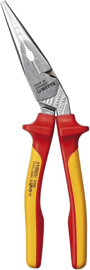 WITTE 31500_1000v Professional Grade Electrician Heavy Duty Angled Head Long Nose Pliers.