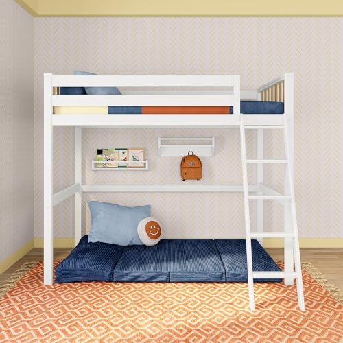 Image of Max & Lily Scandinavian Twin Loft Bed - Modern Solid Wood Kids' High Loft with 14 inch Guard Rails, Angled Ladder with Anti-Slip setps, 400-lb Capacity, Easy Assembly, White /Blonde