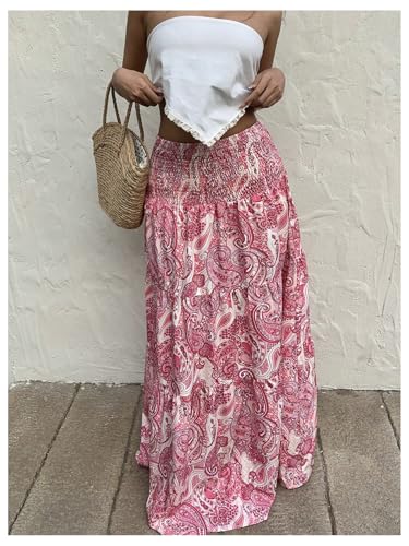 GORGLITTER Women's Boho Skirts Paisley Print Elastic High Waist Smocked A-Line Maxi Skirt3