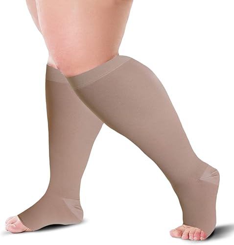 Miniatura 6 de Medias de compresión de punta abierta hasta la rodilla de 20-30 mmHg, uso diario (4XL, beige), Beige