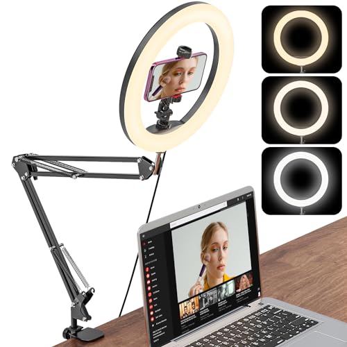 Jubor Luz de Anillo con Soporte y Soporte para Teléfono, 10' Luz de Anillo para Escritorio, Luz de Vdeoconferencia con Soporte de Brazo de Escritorio para Youtube, TiKTok, Selfie, Maquillaje