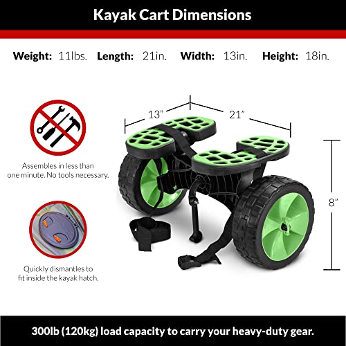 Velocity Kayak Cart Pro, Green – Easy Wheeled Transport for Kayaks, Canoes, Paddleboards, and Surfboards – Adjustable Locking Strap and Kickstand Included