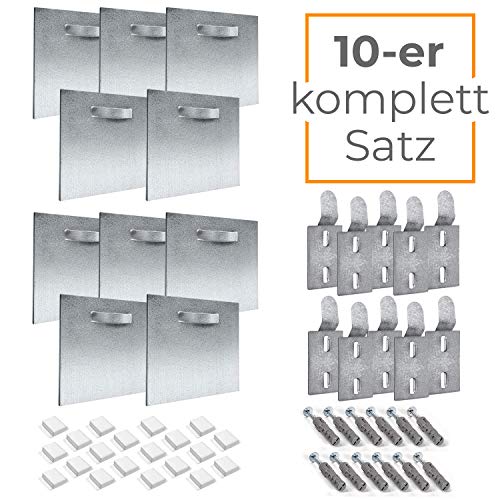 Preisvergleich Produktbild Alu Dibond Befestigungsset komplett für Bilder und Spiegel - Spiegelhalterung Bildaufhänger Haftblech und Wand-Halterung (hohe Tragkraft) (10er Set Silber, 8x8cm)