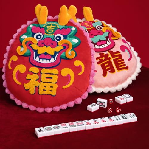 Bonlting Lucky Dragon Embroidery Pillow Living Room Sofa Cushion Round Throw Pillow Decoration for New Year, Birthday, Theme Party