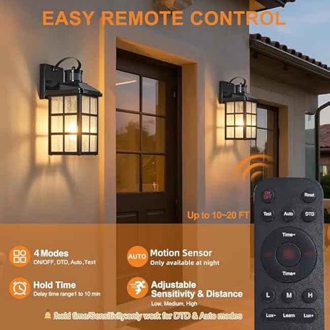 Motion Sensor Porch Lights Outdoor with Remote Control, Smart Dusk-to-Dawn Exterior Lighting Fixtures Weatherproof Outdoor Wall Lights with 4 Lighting Modes for Porch, Garage, Patio, Front Door