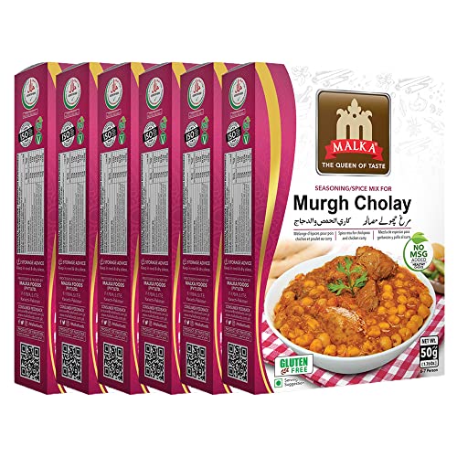 Malka Murgh Cholay Recipe Mix 50g (1.76 oz) - Authentic Gourmet Spice Powder for Chickpeas & Chicken Curry - No MSG Added, Vegan, Non-GMO, Gluten Free & Halal - Pack of 6