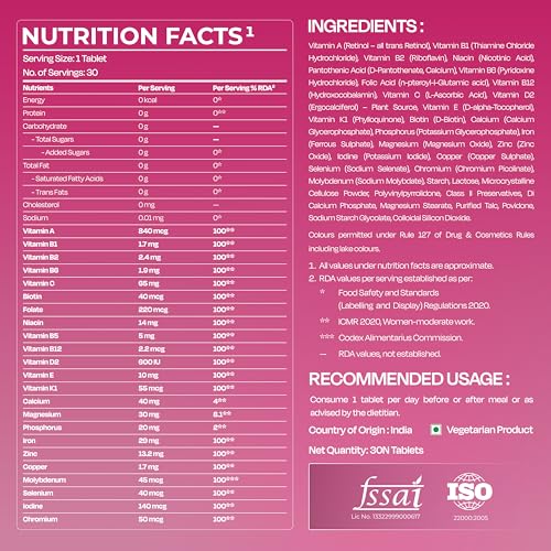 Image of Nutrabay Pro Active Multivitamin for Women - Effective Doses of Iron, Vitamin A, B5, B6, C, D, E & K and Minerals - Immunity, Hair, Skin & Bone Support - 30 Tablets | 100% RDA Dosage | Purity Tested