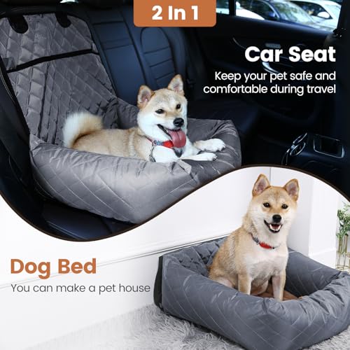Hundebett Autositzbezug Pet Car Booster Seat 2 in 1 Front Back Protector Pet Lookout Tragbarer Autositzabdeckung Hundetransport Vordersitz mit dickem Zwinger und Sicherheitsgurt (Grau, 2)