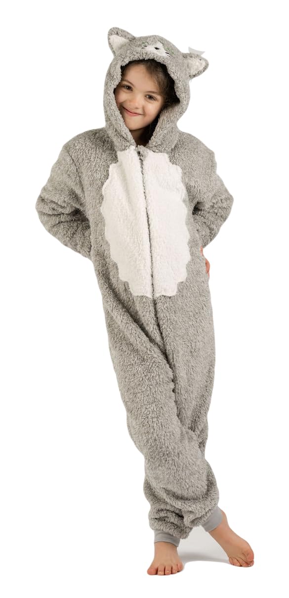 Tutina per ragazzi o ragazze in pile super morbido nero bianco gatto gattino con coda – Costume da animale AllinOnes per bambini dai 2 ai 13 anni