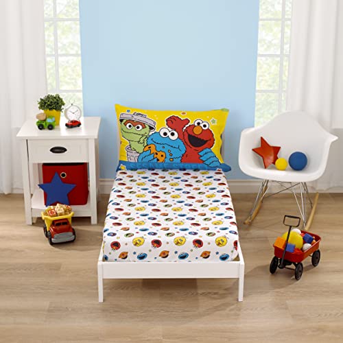 NoJo Sesame Street Come and Play Blue Green Red and Yellow Elmo Big Bird Cookie Monster Grover and Oscar The Grouch 2 Piece Toddler Sheet Set - Fitted Bottom Sheet and Reversible Pillowcase