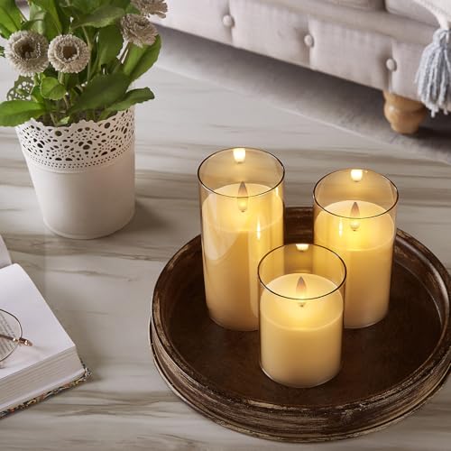 Image of Glass Flameless Pillar Candles Flickering with Remote Timer, Battery Operated LED 3D Moving Flame Real Wax Candles,Remote Included (Champagne)