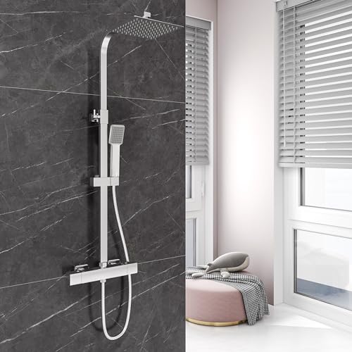 Aica Sanitarios Columna de Ducha Termostática Cuadrada con Barra Ajustable, Plata Brillante Alcachofa de Ducha Lluvia para Baño