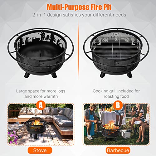 COSTWAY 77cm Large Fire Pit Bowl, 2 in 1 Wood Burning Firepit Brazier