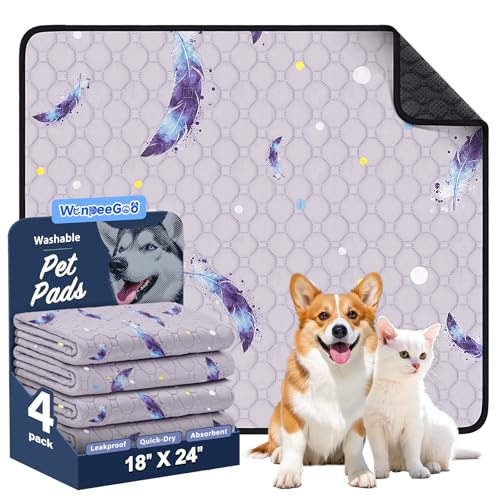 Image of Washable Dog Pee Pads, Non-Slip Waterproof, 18 x 24 in, 4 Pack, Feather | Super absorbent, waterproof and non-slip; washable, reusable dog pads for crates, playpens, floors, furniture and travel