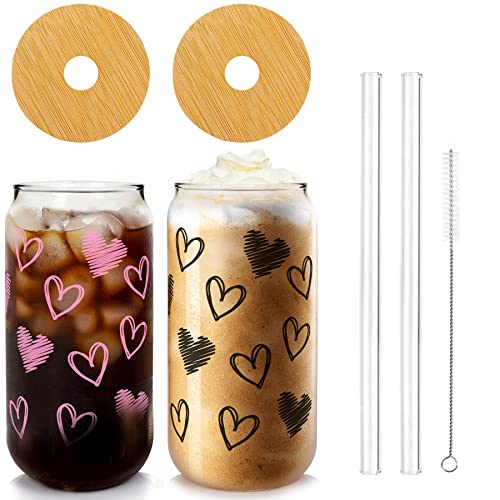 Iced Coffee Cups, Valentines Cups Gifts for Her Women 18 OZ Hearts Cup Beer Glass, Love Can Couple Drinking Glasses, Glass Cups with Bamboo Lids and Straws, Valentines Day Gifts - 2 Sets