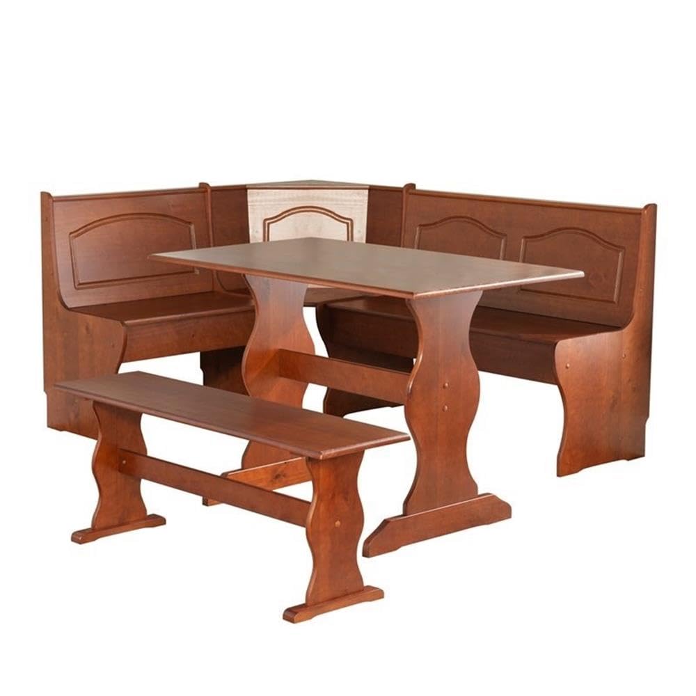 Riverbay Furniture 3 Piece Patio Conversation Indoor Kitchen Corner Nook Table Booth Bench Breakfast Dining Set in Walnut