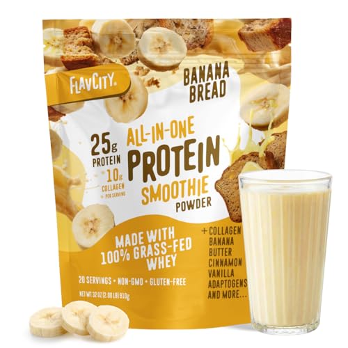 FlavCity All in One Protein Shake Powder Banana Bread - On the Go Meal Alternative + Collagen Peptides Reishi & Cordyceps - Focus Skin Hair & Joint Support - 100% Grass Fed Whey 20 Servings