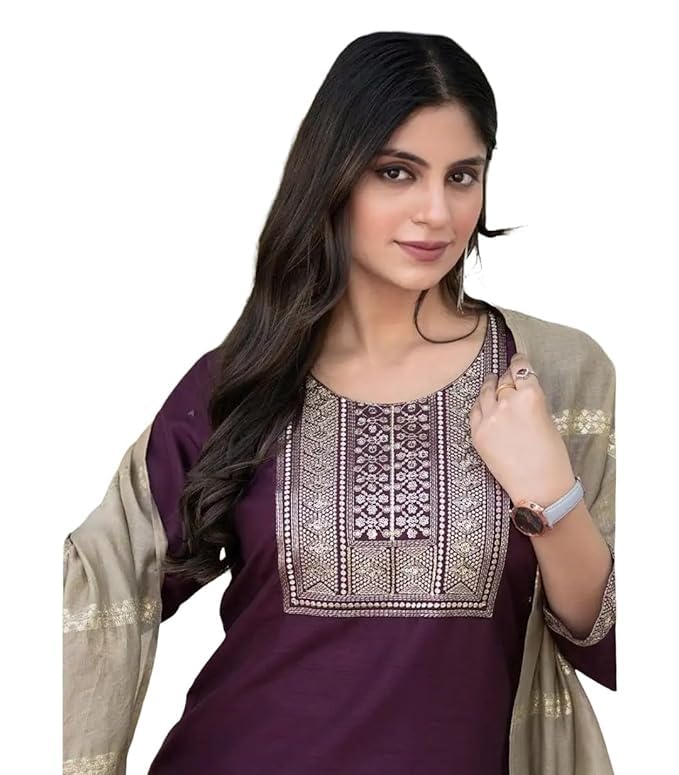 Women Solid Straight Kurta Pant Set with Embroidered Yoke, Purple with Beige Dupatta (IN, Alpha, M, Regular)