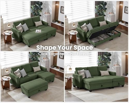 Image of CHIC HOUSE Modular Daybed Sectional, Extra Deep Movie Pit Couch with Storage Ottomans, Corduroy Sleeper Sofa Alternative for Small Spaces, (Green, 6 Seater Sleeper)