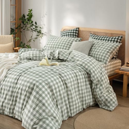Image of BESTOUCH Gingham Cotton Duvet Cover Set Sage Green Super Queen | Washed Cotton, Linen Feel, Soft Wrinkle Texture, Hidden Zipper, 8 Ties, Breathable Lightweight Durable Comfy, 3 Pcs No Insert