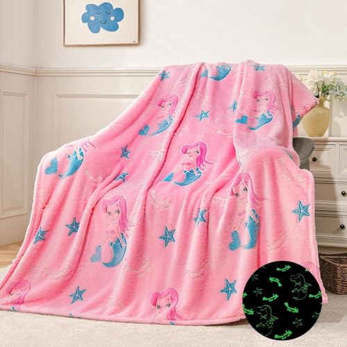 Image of TONY STARK ULTRAAGLOW Glow in The Dark Blanket for Kids (0-15 Years, 200x152 Cm) Soft Flannel Fleece Throw, Cozy & Warm All-Season Radium Blanket for Boys & Girls (Pink Mermaid Moonbeam)