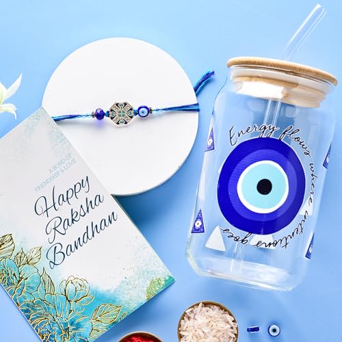 Image of To The Nines Rakhi Gift for Brother - Gift Pack of Evil Eye Tumbler, Rakhi, Tilak Material & Greeting Card