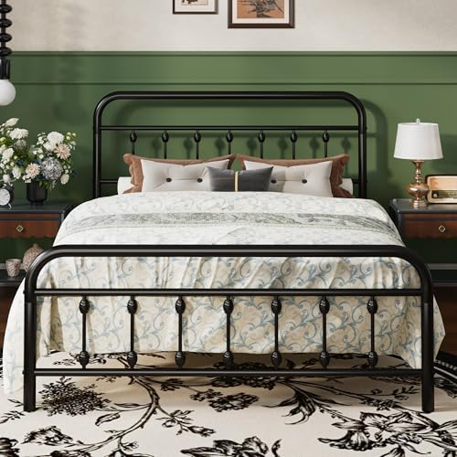SHA CERLIN Full Size Metal Platform Bed Frame with Victorian Style Iron-Art Headboard and Footboard Easy Assembly Under Bed Storage No Box Spring Required Black
