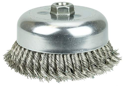 Image of Weiler 12636 6 inch Double Row Knot Wire Cup Brush, 0.023 inch Stainless Steel Fill, 5 /8 inch-11 UNC Nut, Made in The USA