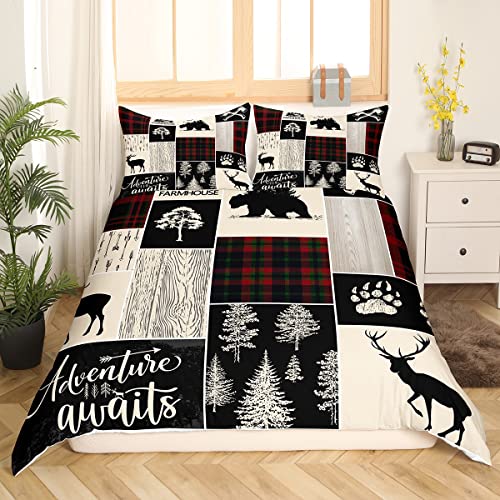 Retro Cabin Comforter Cover Rustic Lodge Patchwork Bedding Set Hunting Bear Deer Wildlife Duvet Cover For Kids Teens Adult Men,Farmhouse Western Country Bed Sets 2 Pcs With 1 Pillow Case, Twin #TOP1