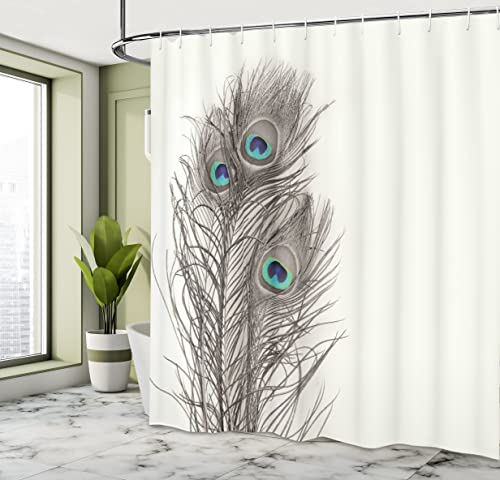 ABAKUHAUS Peacock Shower Curtain, Feathers of Exotic Bird on White Backdrop Bohemian Wildlife Composition - Image 4