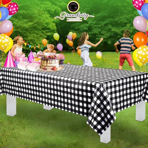 Image of Grandipity 24 Pack Premium Disposable Plastic Tablecloth 54 Inch. x 108 Inch. Decorative Rectangle Checkered Table Cover - Black Checkered Gingham