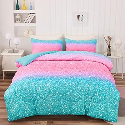 KADSH Queen Size Starry Comforter Sets - Colorful Glitter Galaxy Pink Comforter Set Queen, Rainbow Girls Pink Bedding…