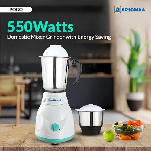 Image of Pogo Mixer Grinder Power Pro 500-Watt Domestic Mixer Grinder with 2 Jars (Liquidizing, Wet Grinding and Chutney Jar), Stainless Steel blades | 24 Months Warranty White Edition