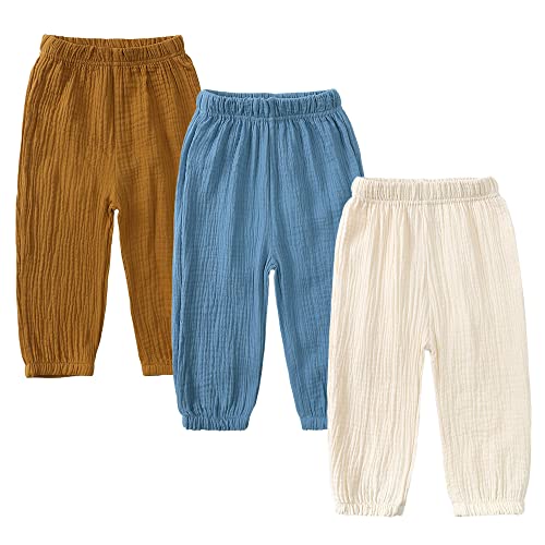 Image of Kids Tales 3 Pack Boys Girls Cotton Linen Pants Child Basic Plain Solid Trousers Big Kids Elastic Waist Long Pants Bloomers