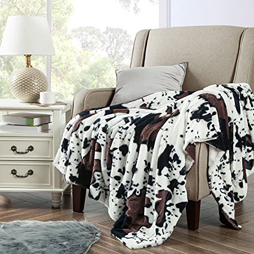 Bytide Cow Printed Soft Fuzzy Faux Fur Black White Brown Double Sides Print Throw Blanket 50" X 60", Couch Cover Lightweight Fluffy Cozy Plush Blankets For Sofa Chair Bed Home Décor #TOP1
