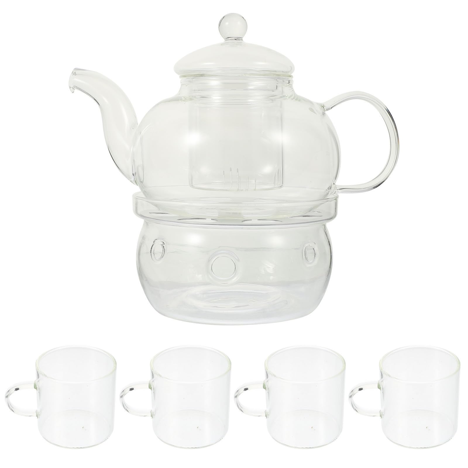 POPETPOP Glas Teekanne mit Teefilter Hitzebeständig Inklusive 4 Gerader Tassen und Rundem Stövchen Geeignet für Asiatische Gongfu Teerituale und Haushaltsgebrauch