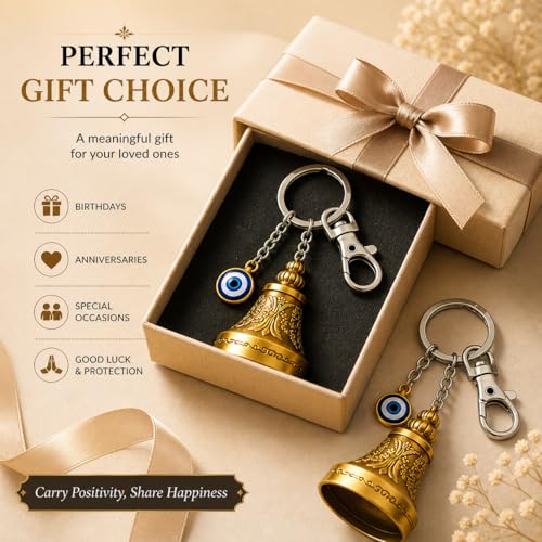 Image of Guardian Bell Keychain for Bike & Car | Tibetan Style Bell Keyring with Evil Eye Charm & ๐๐๐๐ฎ๐ซ๐ Silver Clip | Good Luck Rider Accessory Gift for Men & Women- ๐๐๐๐ค ๐จ๐ ๐