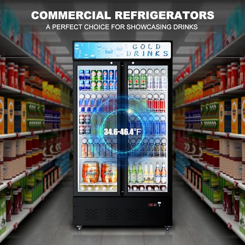 Image of Commercial Glass Door Display Refrigerator 30 cu.ft Cooler Commercial Beverage Refrigerators with LED Light and 10 Shelves for Cafe, Restaurant, Store, Bar