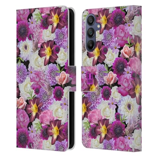 Funda de cuero con flores moradas Samsung Galaxy A15 ideal para diario y oficina 1