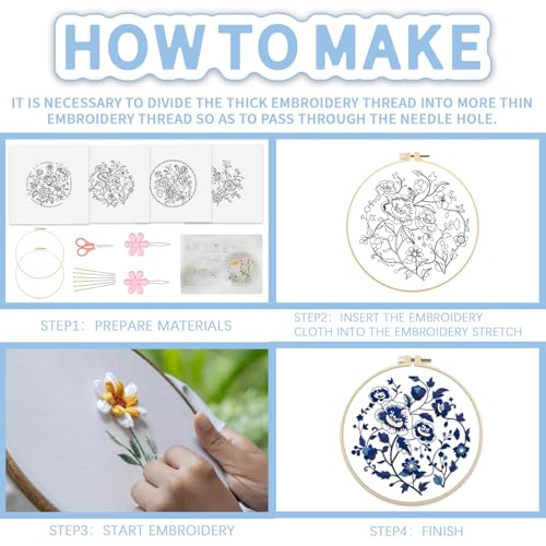 Image of FREEBLOSS 4 Set 12'' Embroidery Kit for Beginners Indigo Flowers Border Pattern Embroidery Kit with Instructions Full Kit of Embroidery Cloth 2 Embroidery Hoops Indigo Blue Series Flosses