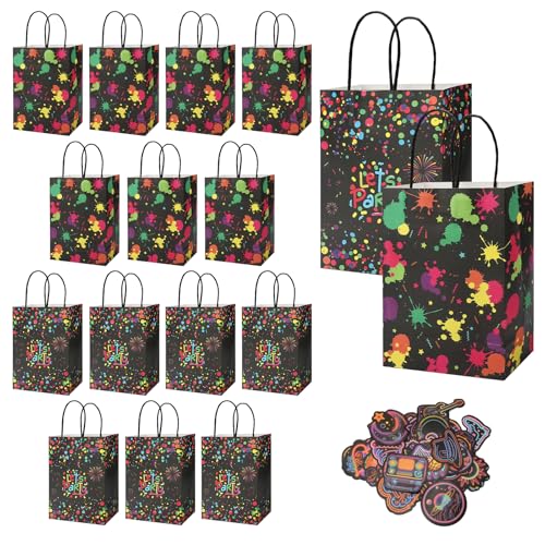 APOMOONS 16 bolsas de regalo de cumpleaños infantiles con 50 pegatinas de neón, decoración para fiestas de neón, bolsas de papel con asa, bolsas de fiesta pequeñas para carnaval, decoración de