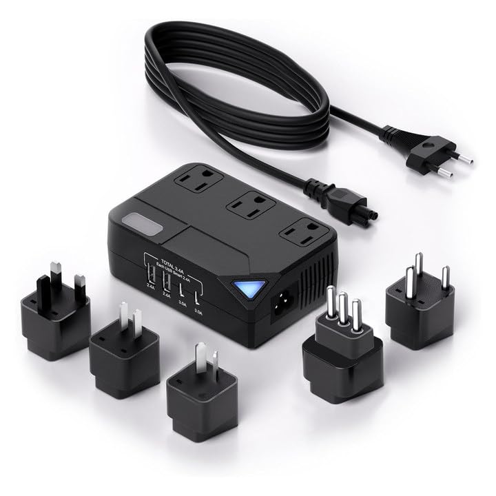 Universal 100V-220V Travel Converter，250W Voltage Converter with 2 USB and 2 USB-C Charging Ports and 3 AC Plugs for curlers, straighteners, Included Plugs are Type A, C, D, G, I, L - Main Image