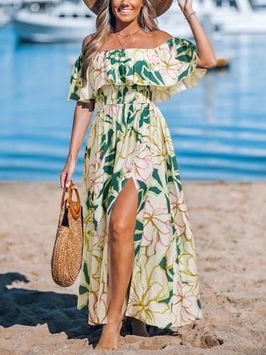 Image of CUPSHE Women Ruffle Floral Maxi Summer Dress Off Shoulder Short Sleeve Backless Flounce Bodice Slit Hem Beach Dresses