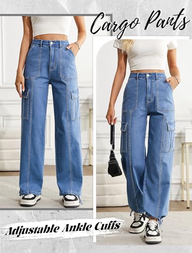 Eddoyee Cargo Pants for Women Drawstring Ankle Cuffs Stretch High Waisted 6 Pockets Straight Wide Leg Jean Casual Baggy Pants2