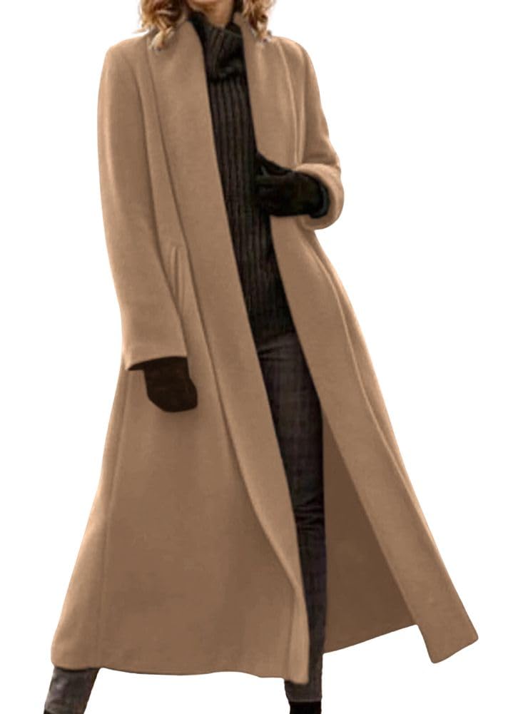 chouyatou Women's Elegant Shawl Collar Open Front Wool Coat Formal Work Mid Long Winter Pea Coat-picture-40
