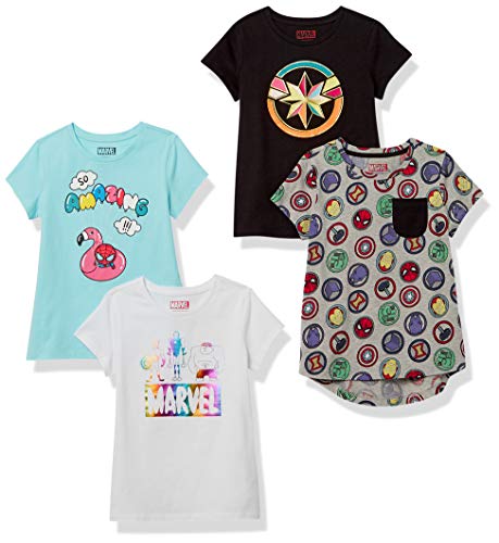 Amazon Essentials Disney | Marvel | Star Wars | Frozen | Princess Toddler Girls' Short-Sleeve T-Shirts, Pack of 4, Black/Blue/Grey/White Marvel Super Hero, 2T