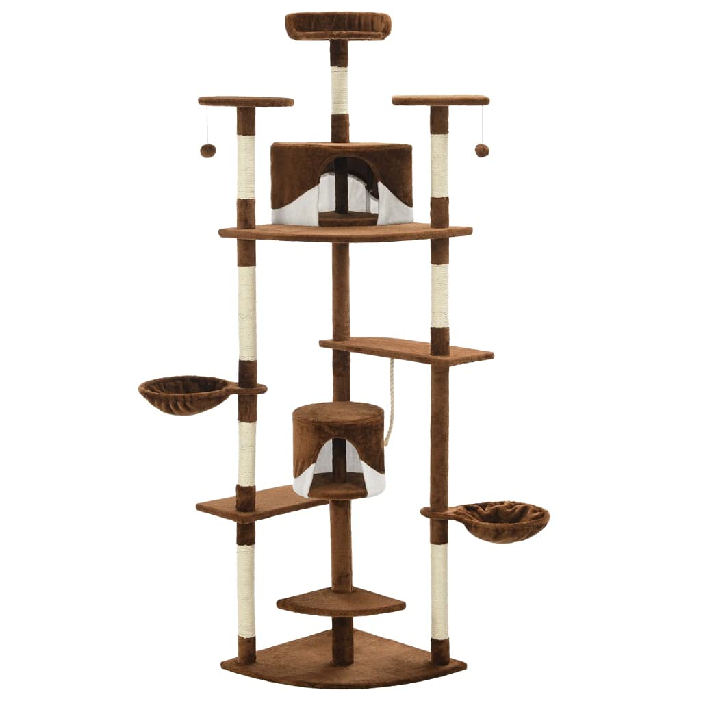 Rascador para gatos con columnas rascadoras de sisal, 203 cm, color marrón y blanco | Parque infantil de varios pisos, marco tapizado de felpa, 2 hamacas, casas escondidas para apartamento